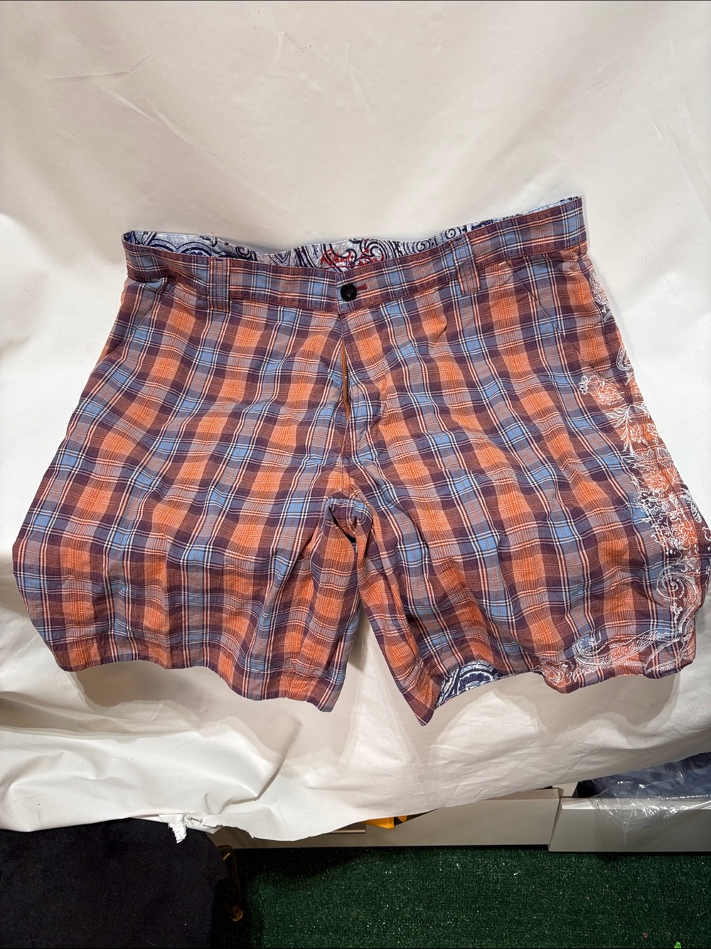 Robert Graham Plaid Orange & Blue Men's Casual Shorts 36